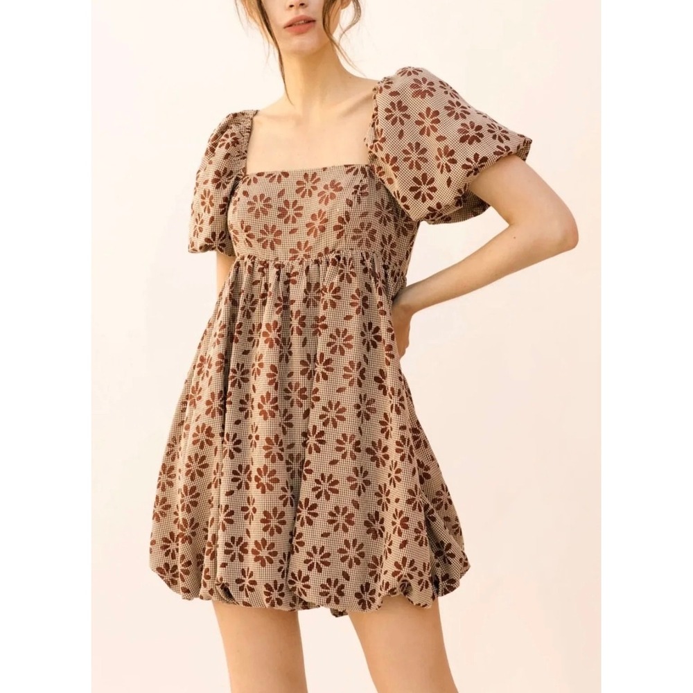 Storia Embroider Floral Plaid Puff Sleeve Babydoll Bubble Dress Cottage Feminine